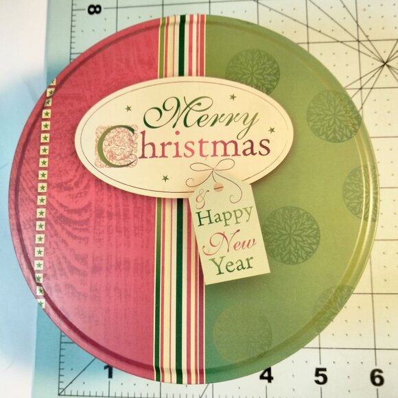 Brother Sister Cookie Tin Merry Christmas Happy New Year REd Green Canister - Picture 4 of 6